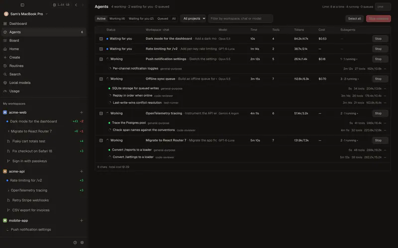 Agents panel: every running chat across workspaces, with subagent trees, tokens and cost
