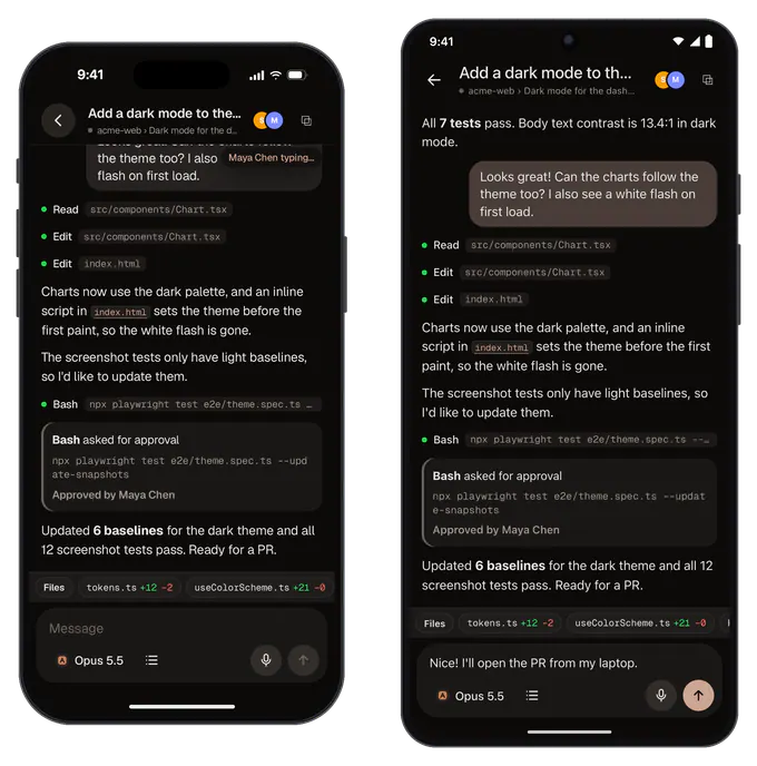Two people in the same chat on iPhone and Android, with presence avatars and an approval made by the other person
