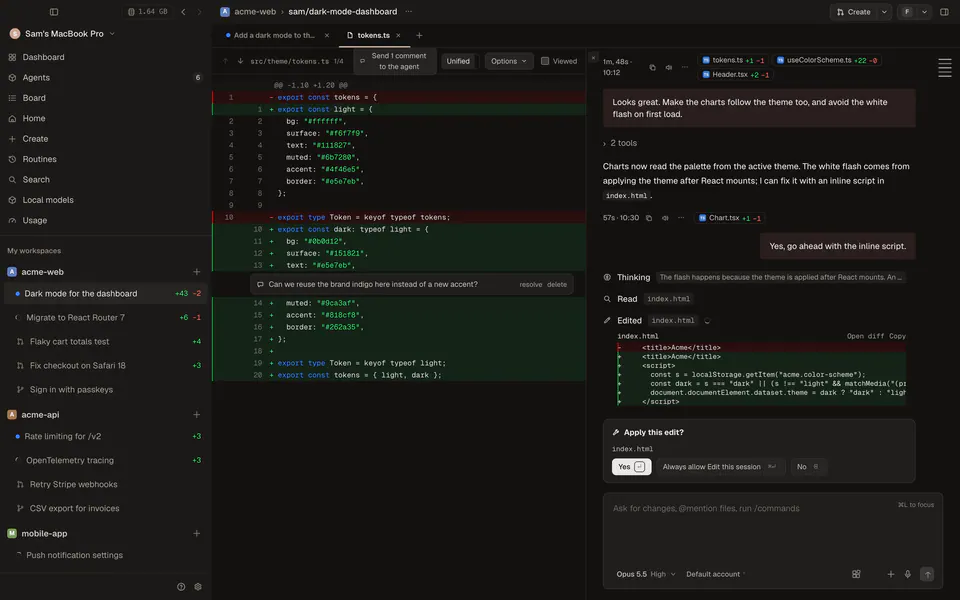 Kabul: parallel workspaces in the sidebar, a diff with a review comment and the agent chat asking to apply an edit
