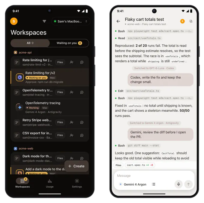 Kabul on Android with Material 3: the session list and a chat that switched models