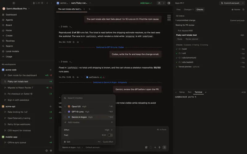 Model picker with Claude, GPT and Gemini side by side in the same chat