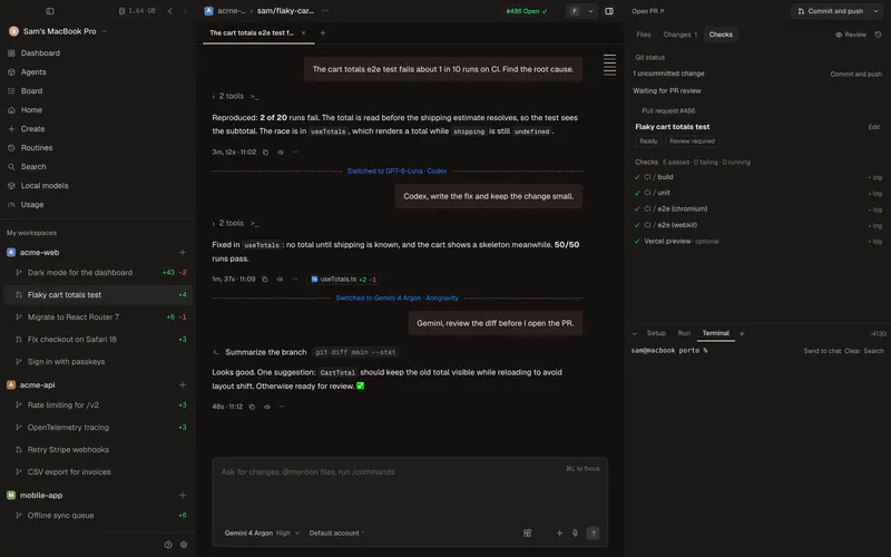 One conversation that went from Claude Code to Codex to Antigravity, with a divider at each switch and the pull request checks green